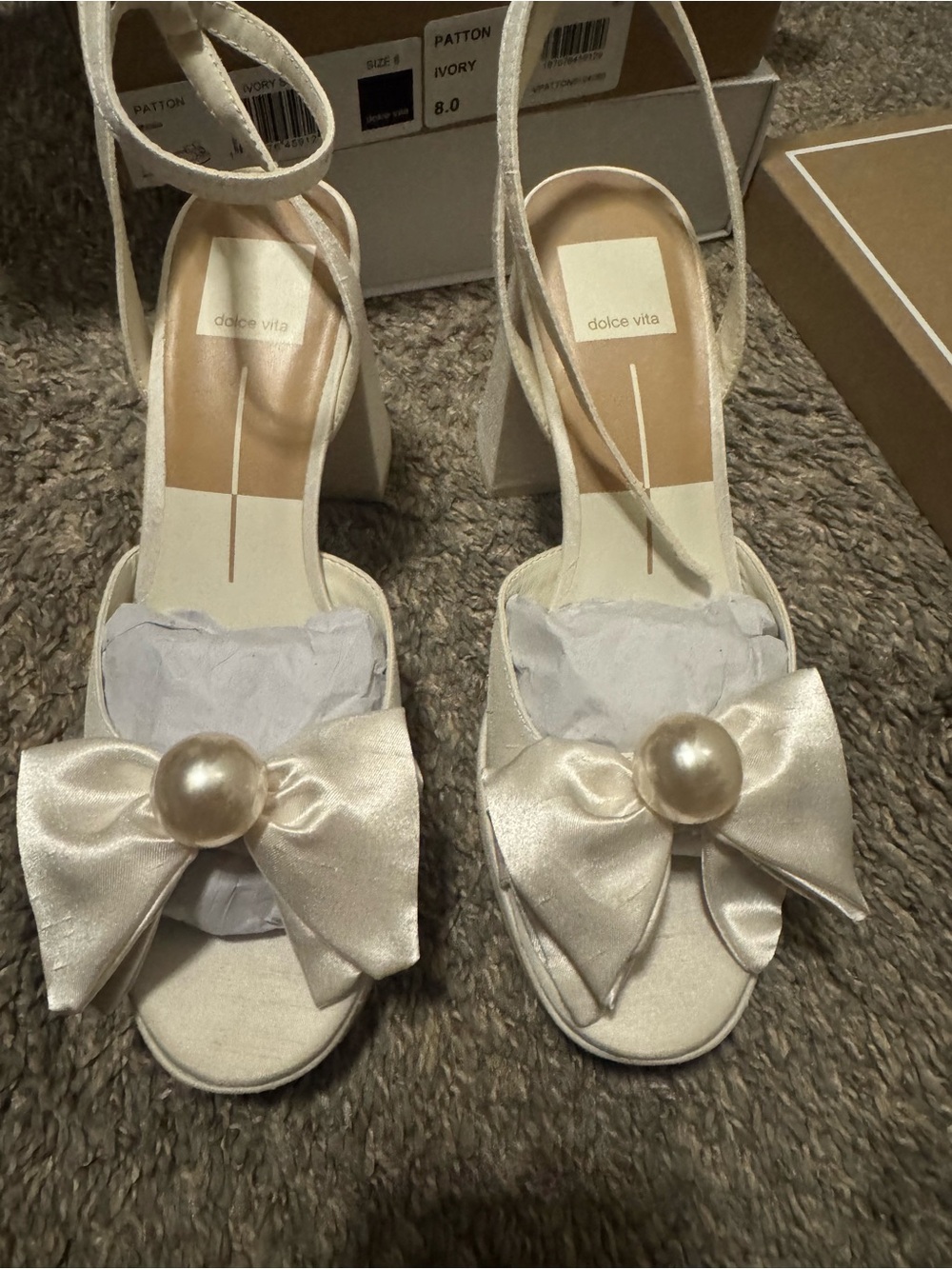 Dolce Vita Ivory Satin Bow Block Heel Sandals